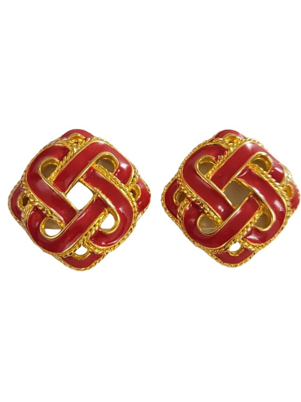 Gold Tone Red Enamel Square Knot Designer Style Clip-On Earrings K963